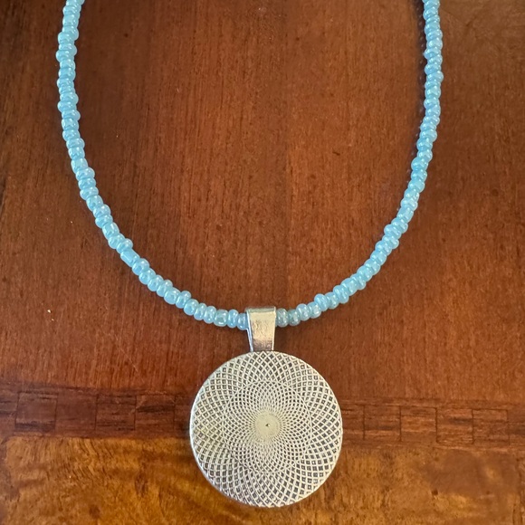 Moon Goddess & Blue Moon Cabochon Silver tone Pendant on Blue Beaded Necklace - Picture 5 of 7